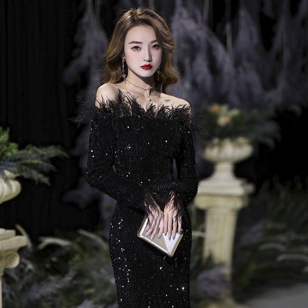

evening heavy industry women's 2021 summer annual meeting banquet temperament fishtail feather drs black host, Black;gray