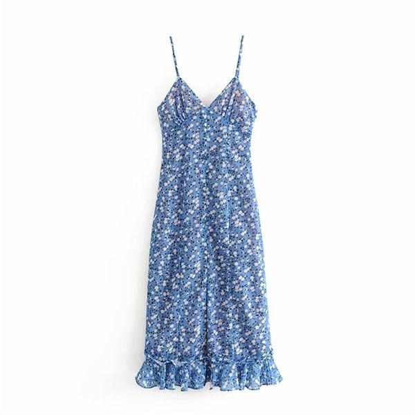 Schickes stilvolles weißes Blumendruck-Rüschen-blaues Träger-langes Kleid-Mode-Mädchen-schlanke seitliche Reißverschluss-Knopf-reizvolle V-Ausschnitt-Kleider 210531