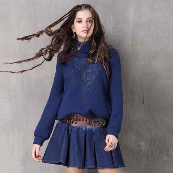 

johnature women's hoodies winter clothes hooded quilted sweatshirt vintage embroidered female blue pullover sweatshirts 210521, Black