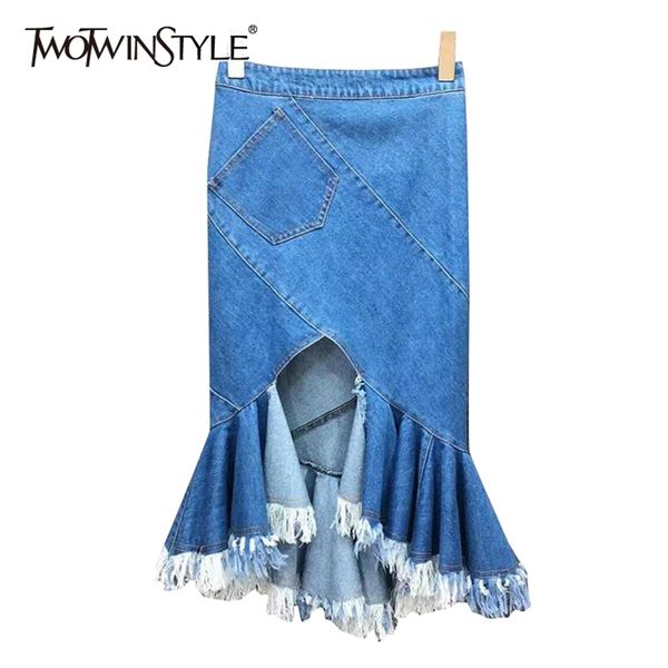 

vintage blue denim skirts for women high waist patchwork tassel asymmetrical female spring fashion 210521, Black