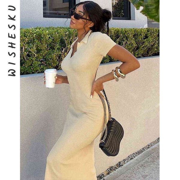 

summer midi dress women black lapel knitted split robe backless short sleeve basic bodycon dresses ladies fall y2k clothes y1204, Black;gray