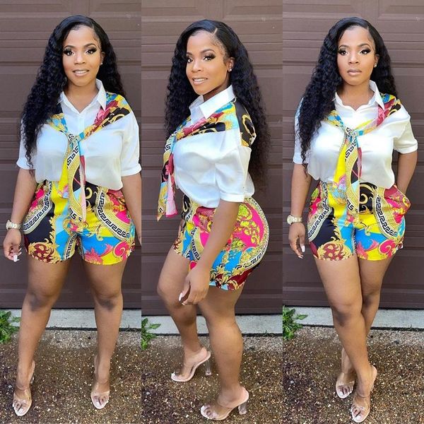

women's tracksuits summer clothing two piece set women bow patchwork print shirt+shorts suit sporty lounge club outfits streetwear whol, Gray