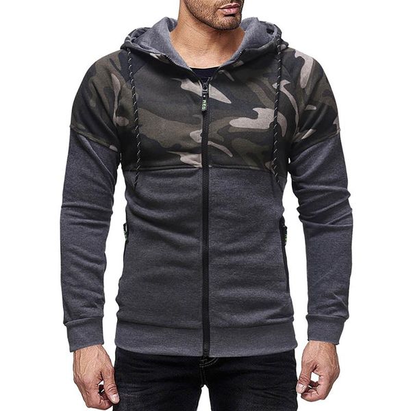

men's hoodies & sweatshirts casual camouflage sports sweatshirt long sleeve zipper hooded jacket autumn winter coat hip-hop streetwear, Black