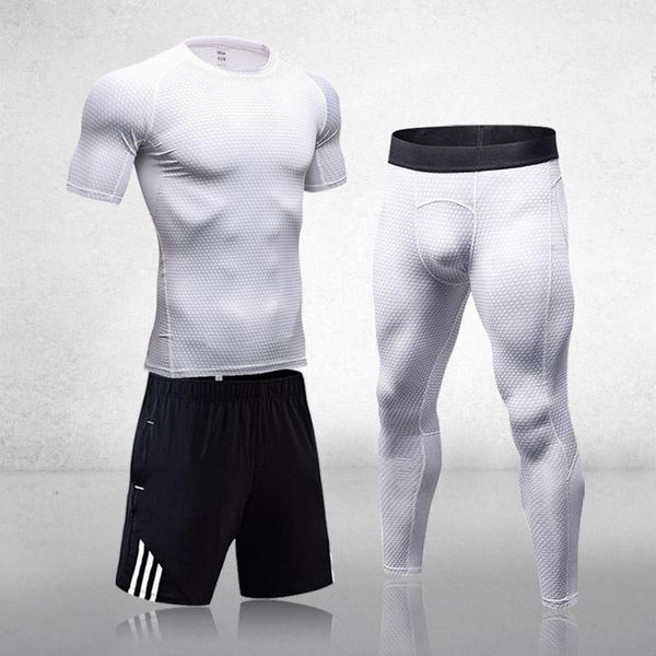 

men's tracksuits fitness quick-drying stretch short-sleeved t-shirt + leggings shorts sports suit trousers tights, Gray