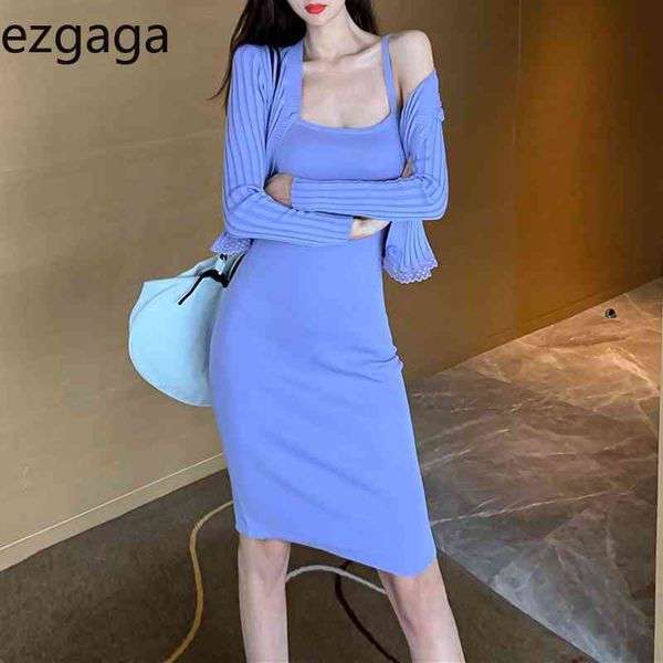 Ezgaga Set da due pezzi Donna Casual Cinturino per spaghetti Vestito aderente sexy Scollo a V Top Cardigan lavorato a maglia Sottile Solido Primavera Moda coreana 210430