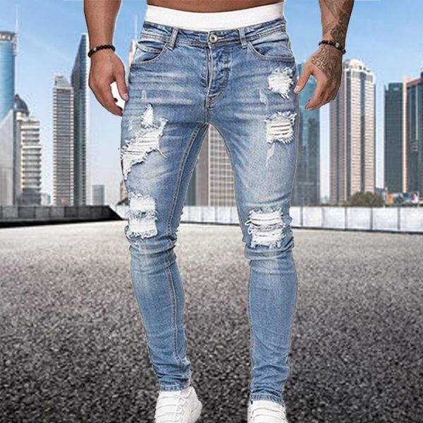 

men's jeans fashion trend sweatpants hole pants casual summer autumn male ripped skinny trousers slim biker denim, Blue