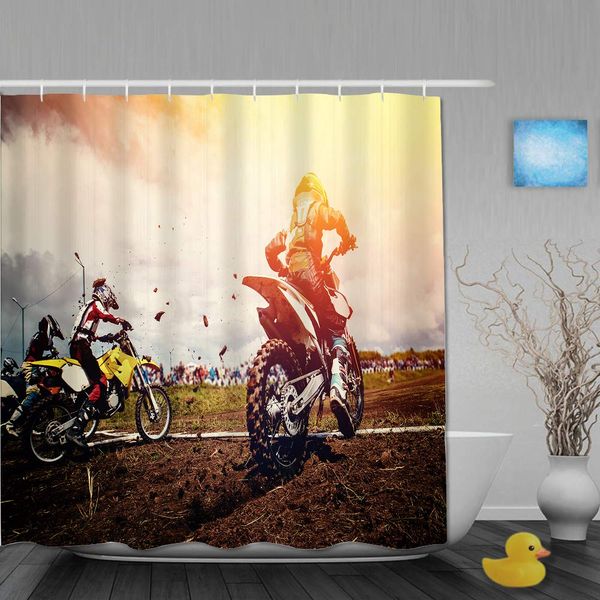 

polyester fabric shower curtain set with 12 plastic hooks decorative bath curtains,motorcycle. team athletes on mountain bike