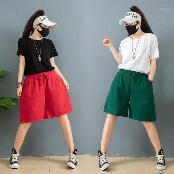 

women's shorts wide loose 2021 oversize vintage cotton high waist summer clothing solid women, White;black