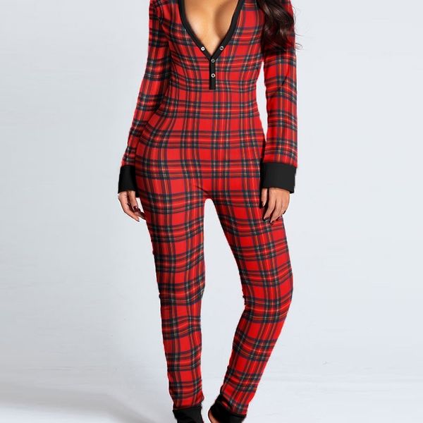 

women fashion casual plaid button design plunge lounge jumpsuit solid long sleeve chic functional button flap adults pajamas, Black;white