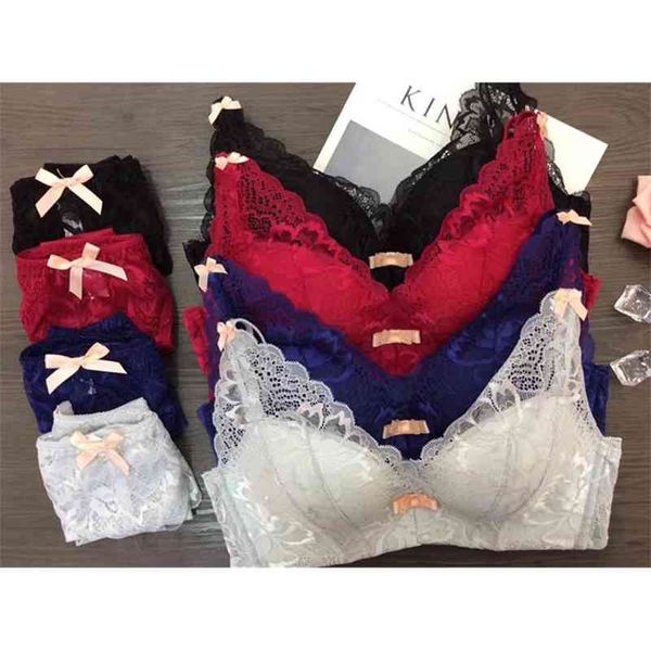 

bra set 8386# lace embroidery no steel ring gathered adjustable underwear suit, Red;black