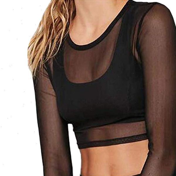 

see through transparent womens shirt o neck long sleeve sheer crop tee plus size a40, White