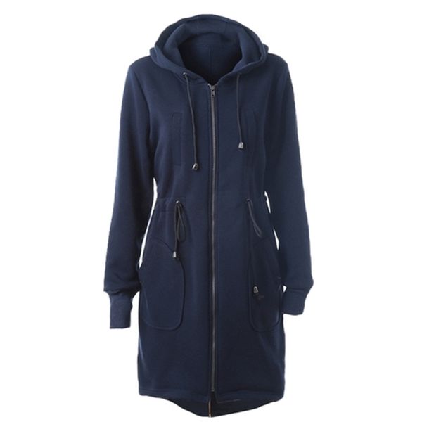 

autumn women parkas winter fashion hooded long coats clothing zip-up outerwear waist drawstring pockets casual overcoat 210927, Black