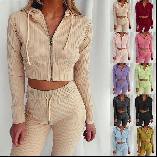 

spring two piece set tracksuit women tracksuits clothes knitted ribbed hoodies zipper crop and pants leisure lounge wear outfits, Gray