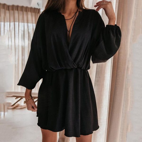 

casual dresses autumn women summer long sleeve solid color v-neck drawstring swing party dress vestido de mujer, Black;gray