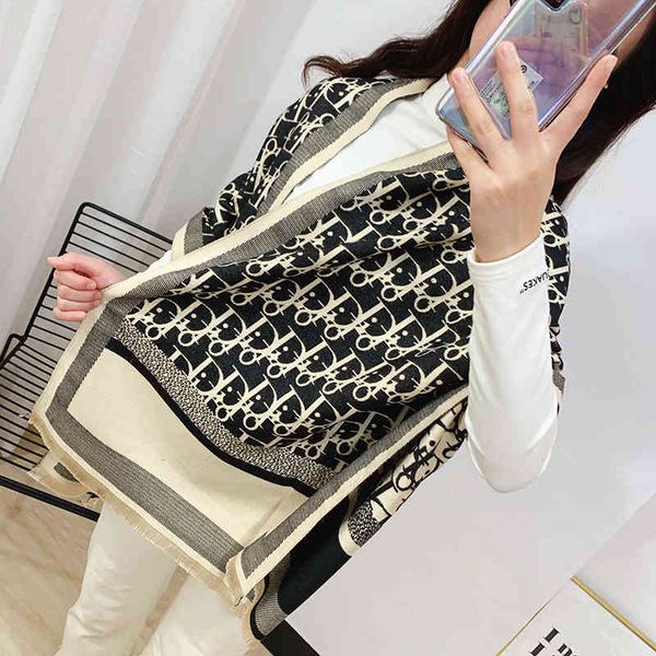 

trend design long d letter imitation cashmere scarf for women in autumn and winter new cotton warm thickened soft double-sided shawl bib bat, Blue;gray