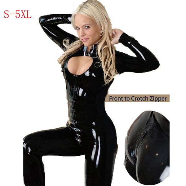 

catsuit costumes women costume faux leather catsuit ladies open crotch latex zipper bodysuit erotic lingerie front to after lace-up clu, Black