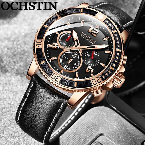 

wristwatches ochstin fashion man wristwatch chronograph auto date sport men watch military genuine leather male clock 6045, Slivery;brown