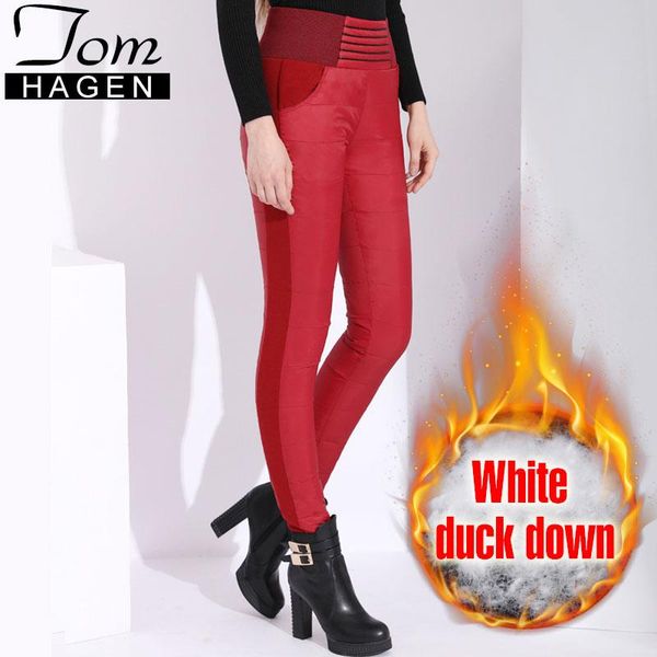 

women's pants & capris white duck down women winter warm thick trousers with high waist slim elastic female windproof plus size, Black;white