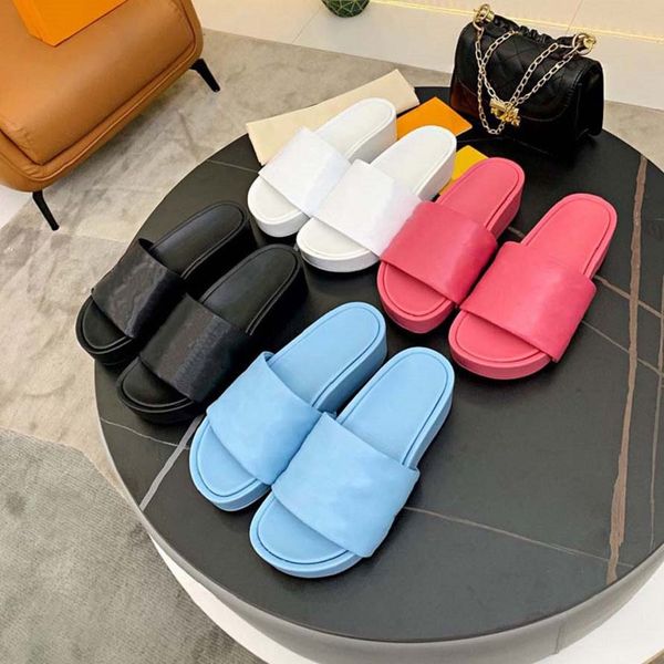 

women shoes rubber slope heel slipper sandals summer beach outdoor cool slippers fashion wide lady household slide flat flip flops with box, Black