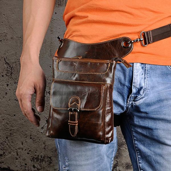 

waist bags genuine leather men's drop leg fanny belt bag motorcycle riding thigh bum oil wax cowhide pack messenger shoulder