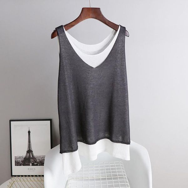 

women's tanks & camis thin patchwork knitted loose baggy women o-neck sleeveless tank woman white black s-xl ladies summer clothes