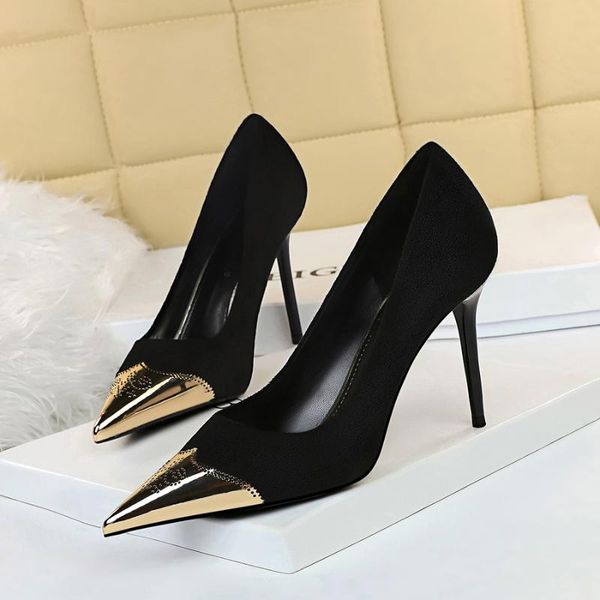 

dress shoes pumps nightclub show thin high heels women suede shallow mouth metal pointed black single g6826