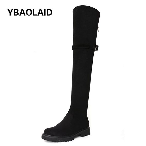 

boots cow suede khaki snow 2021 round head belt buckle side zipper flat bottom plus velvet two through the knee high, Black