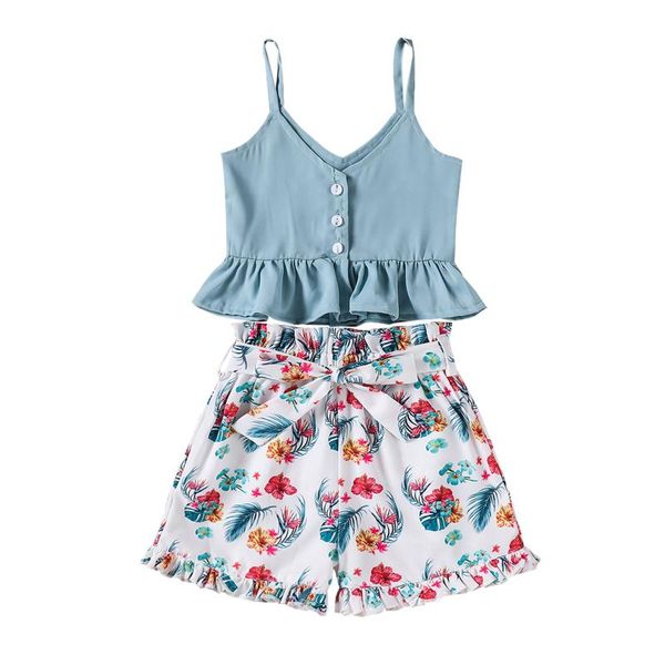 

1-6y summer kids girls clothes sets 2pcs solid strap single breasted vest flowers printed beach shorts clothing, White