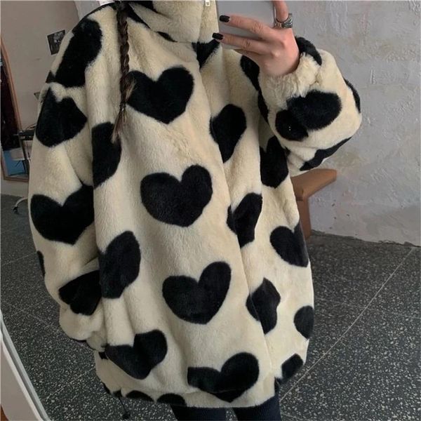 

women's jackets autumn winter thick warm plush jacket women casual fashion lamb fluffy sweet korean loose heart pattern faux fur coat, Black;brown