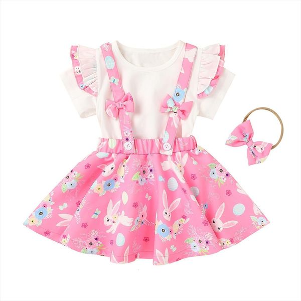 

summer easter kids baby girls clothes set fly short sleeves cartoon printed shirt strap skirt bunny, White