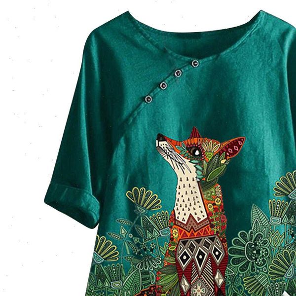 

cotton and linen animal print womens shirts plus size vintage fox printed short sleeve kimono loose tunic woman blusa, White