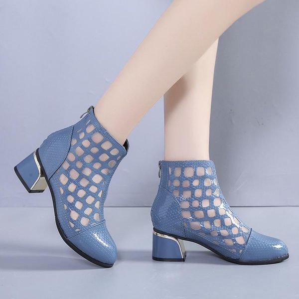 

mesh sandals boots women ankle boot for summer cool mid heel ponited toe shoes hollow out back zip black