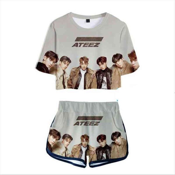 

women two piece outfits kpop ateez 3d 2 piece set crop and short pants tracksuit for women sets hip, White