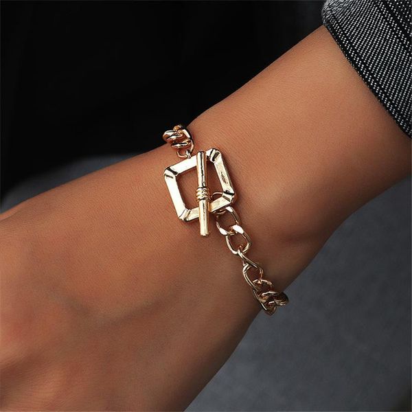 

link, chain simple fashion square t buckle bracelet thick cuba charm bracelets creative 2021 trend geometric alloy jewelry for women, Black