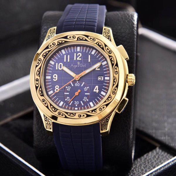 

wristwatches men automatic mechanical yellow gold carved ancient dual time black rubber sapphire sport watch, Slivery;brown