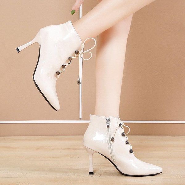 

boots 2021 winter women patent leather ankle boot lace up high heels dress shoes pointed toe plush ladies shoe botas mujer 8362c, Black