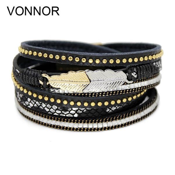 

tennis vonnor jewelry women bracelets multilayer leather winding ribbons rivet alloy leaf accessories for female, Golden;silver