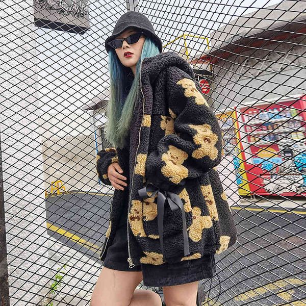 

hoodies sweater women plus velvet lamb plush fleece coat loose hooded trendy brand ladies bear ear mid-length top, Black