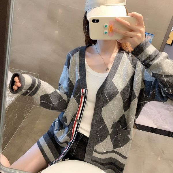 

diamond check cardigan 5301 diamond stripe tb four bar sweater wool coat women's european fashion, White