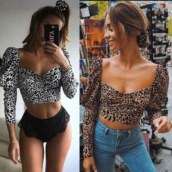 

women's t-shirt 2021 fashion summer leopard print u-neck long sleeve vest t shirt, White