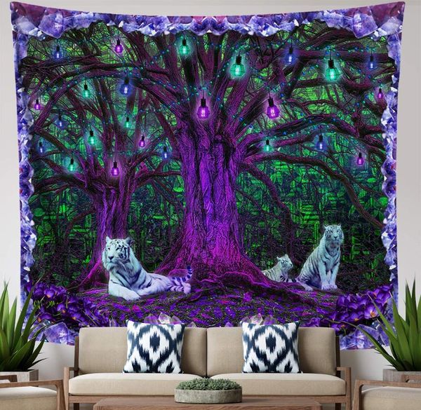 Tapeçarias Lucid Eye Studios Tigre Tree Tapestry Matriz Verde Matriz Pendurado