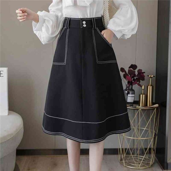 

fashion hit color women skirts high waist spring summer a-line knee length black beige female elegant