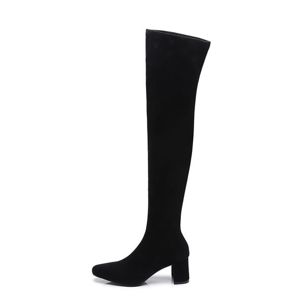 

boots elastic slim thigh high heels round toe ladies suede over-the-knee microfiber casual concise 2021 autumn winter warm, Black