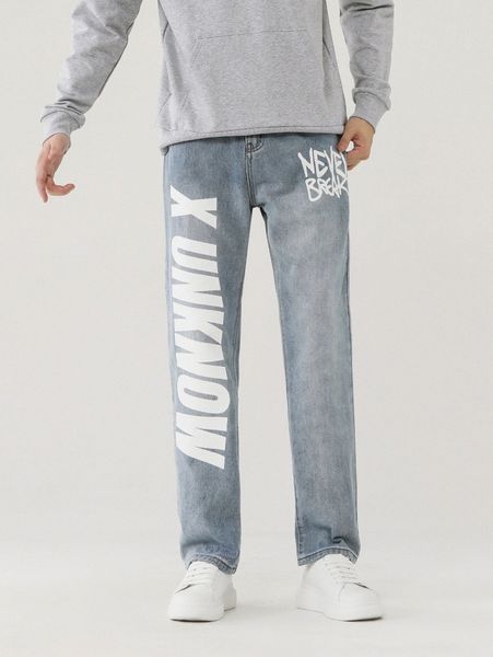 

men letter graphic straight leg jeans g0wt#, Blue