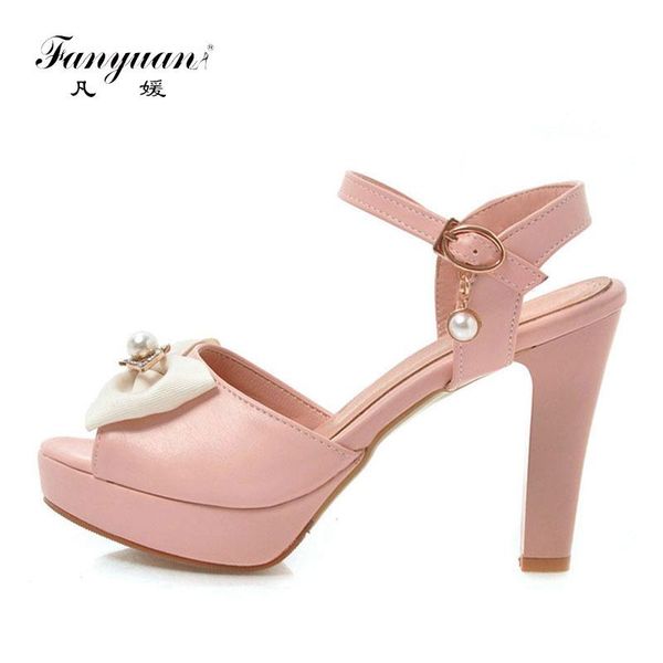 

dress shoes fanyuan fashion butterfly-knot pearl buckle sandals casual mixed colors ankle strap high heels women summer platform, Black
