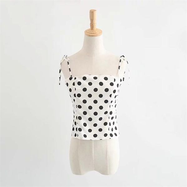 

summer boho crop polka dots tie bow chiffon cami women ruched pleated bustier tees feamle tank korea 210521, White