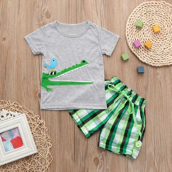 

clothing sets 2021 toddler kids baby boys clothes set embroidery cartoon crocodile print t shirt shorts outfits children 18m-7y, White