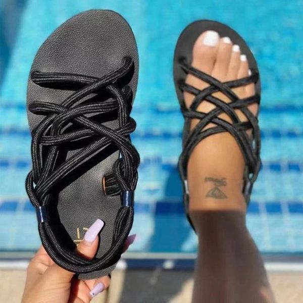 

sandals women solid color lace-up for with soft soles outside beach platform fashion female shoes, Black