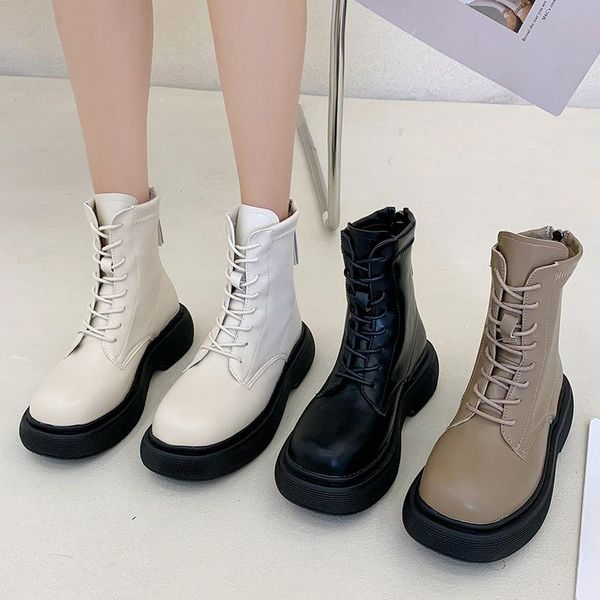 Botas Rock Shoes Mulher Lolita Salto Flat Botas-Mulheres Lace Up Luxury Designer Rodada Toe White Outono Ankle Senhoras 2021