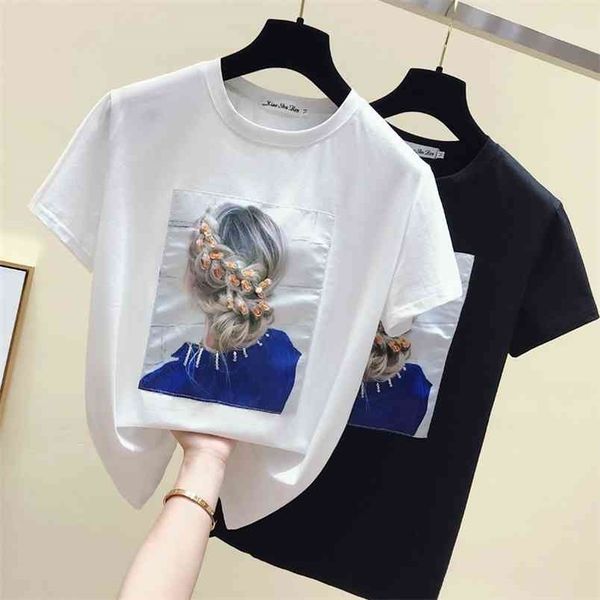 Women Summer Top Black Tee Shirt Korea Style Mode T-Shirt Tops Baumwolle Kurzarm Applikationen Weiß Tshirt 210507